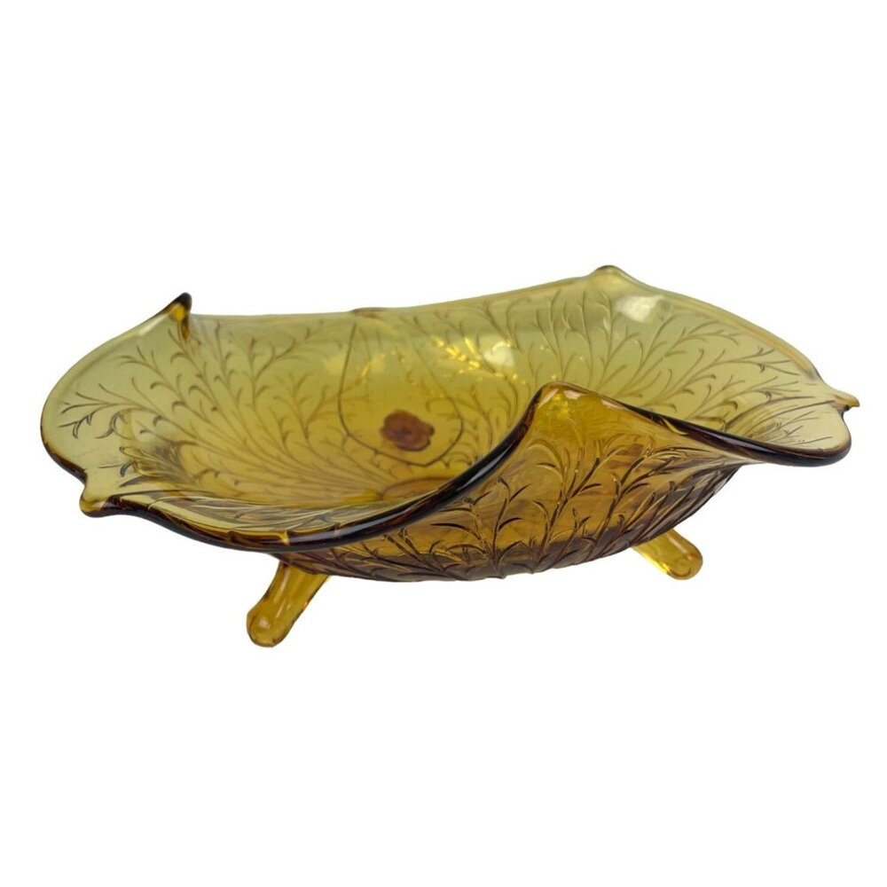 Vintage Footed Amber Yellow Vine Curved Glass Bowl, Serving, Fall, Leaf Decor